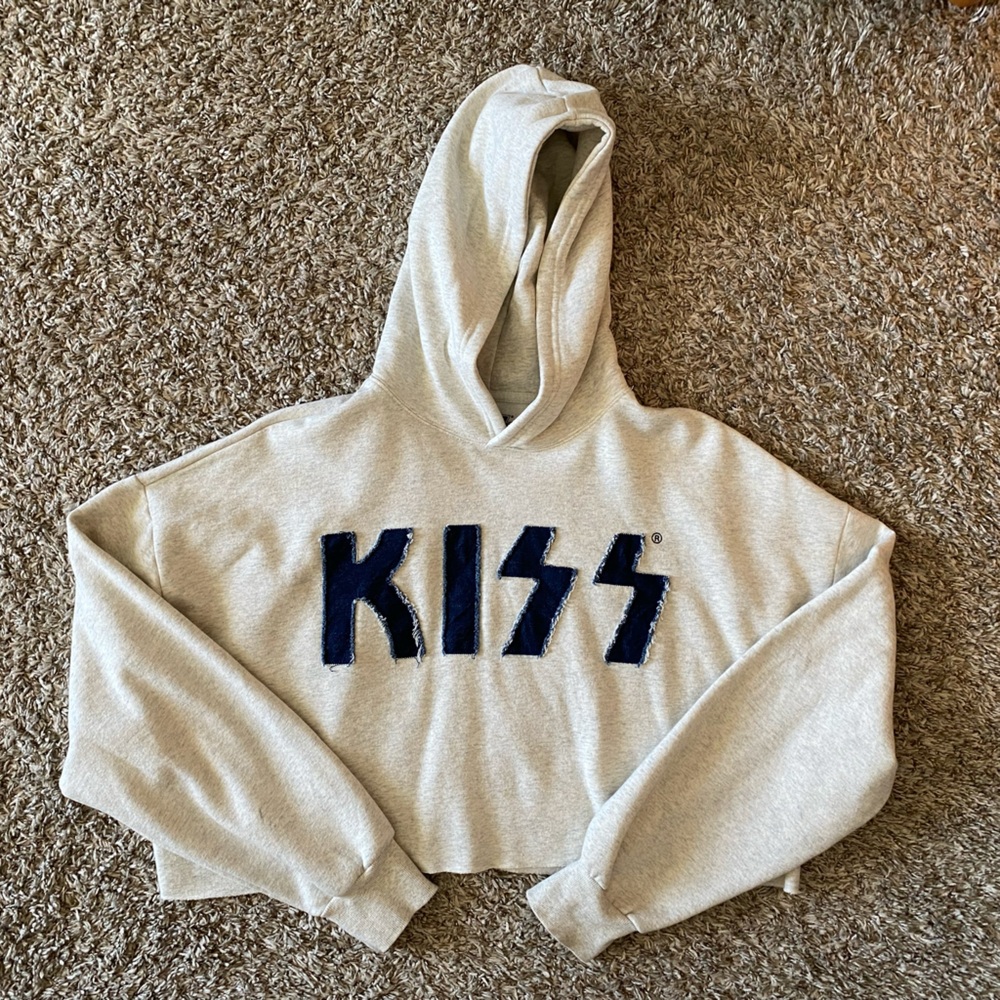 KISS Gray Cropped Hoodie with Navy Logo